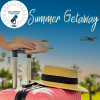 Composed image with JoCoLibrary Uncovered loge, text reading "Summer Getaway" a hand holding the handle of a suitcase also with a ticket in hand as a plane flies away in the distance.