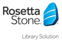 The words Rosetta Stone with a blue stone with white stripes to the left of the words. The bottom of the image says Library Solution