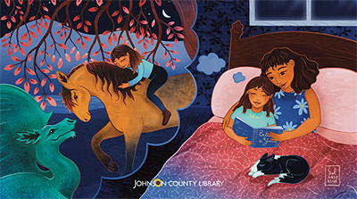 Art work to display on the sides of a courier truck showing a mother and daughter tucked under the covers in bed reading a book with a cat at there feet. The little girl has a thought bubble above her head where she imagines the dragon and and a little girl riding a horse from the story they are reading.