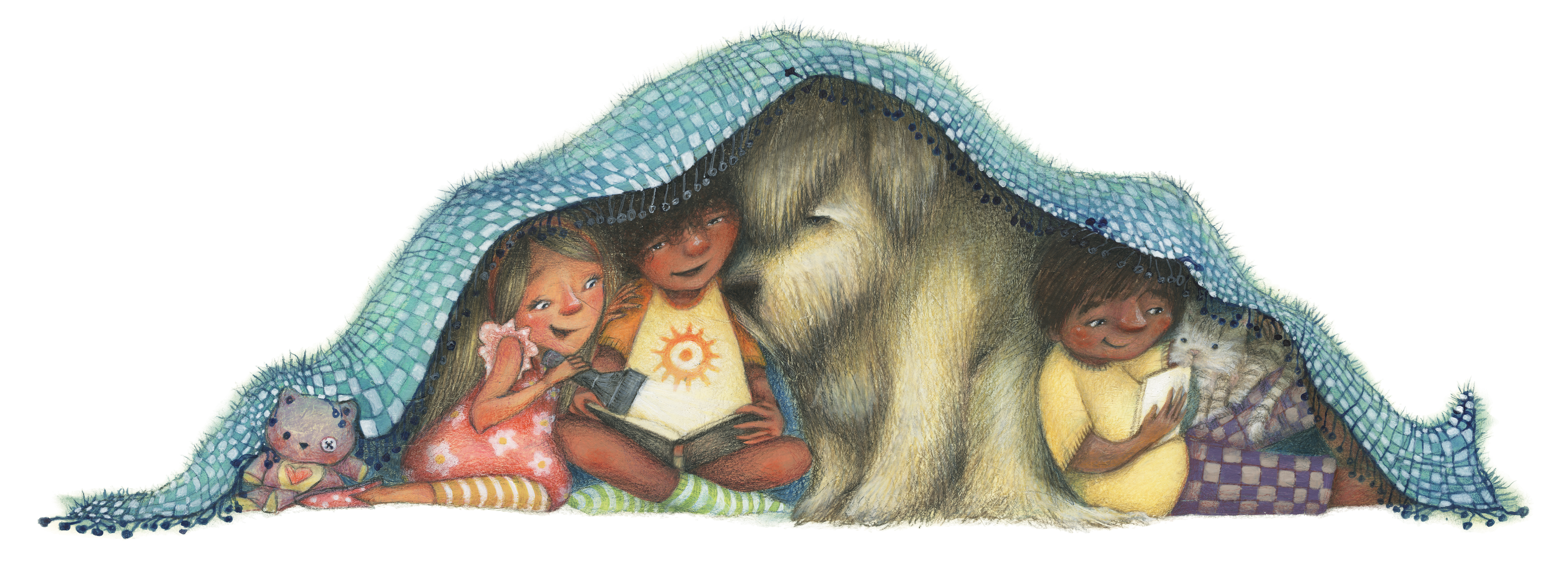 three children and a dog under a blanket reading books