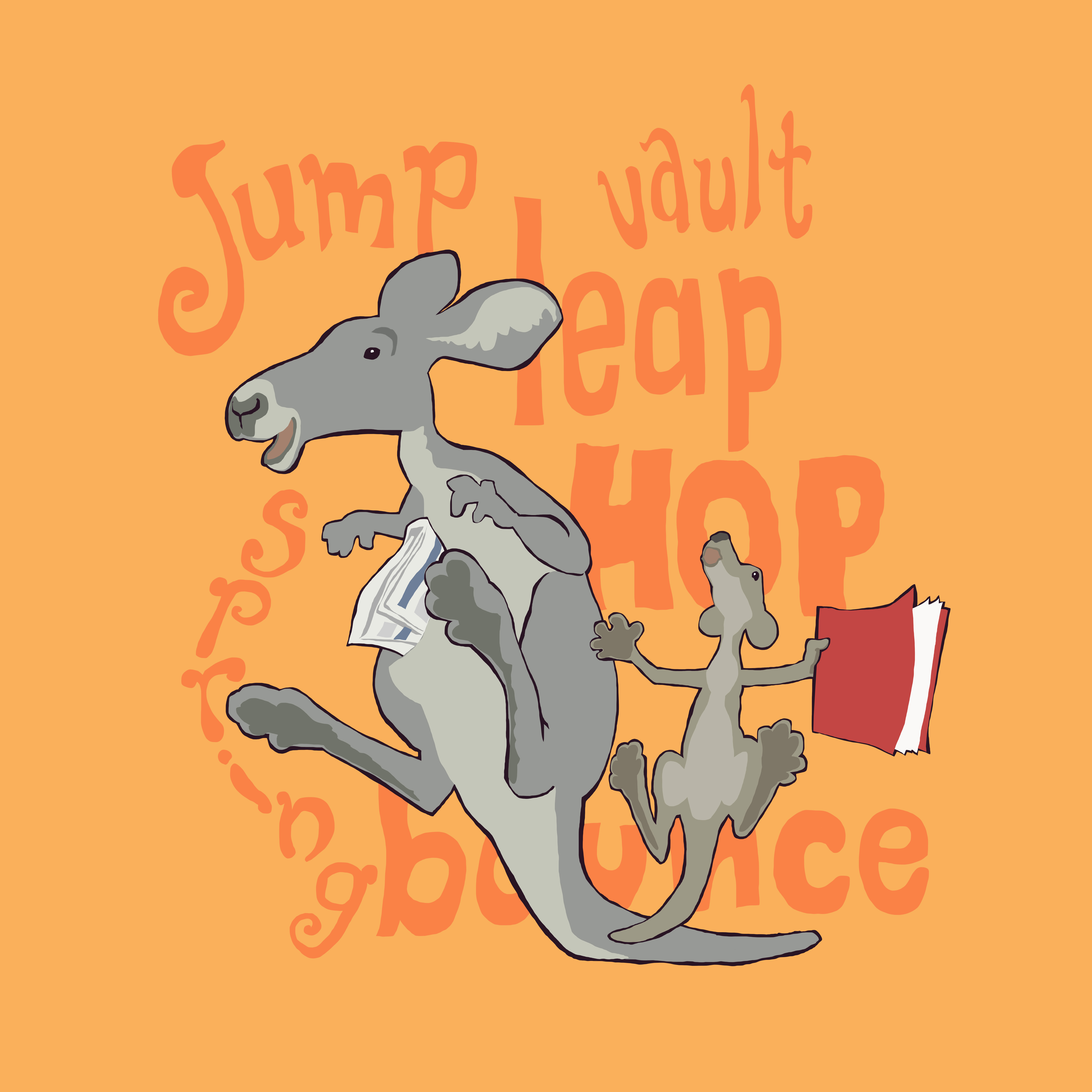 Six by Six Kangaroo - Have Fun With Books A happy cartoon adult and baby kangaroo are drawn mid-hop, with books and words flying around the background