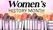 Women's History Month Abstract illustration with the words women's History Month on a background with a row of books and silhouettes of women's heads on a colorful background.