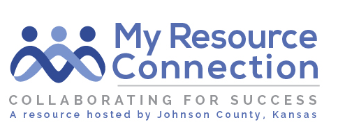 Illustrated logo with text My Resource Connection Collaborating for success a reresource hosted by Johnson County, Kansas couple with an intertwined trip people touching hands.