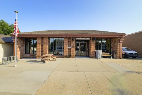 De Soto Library The front of De Soto Library, a small one-story building with a brick exterior