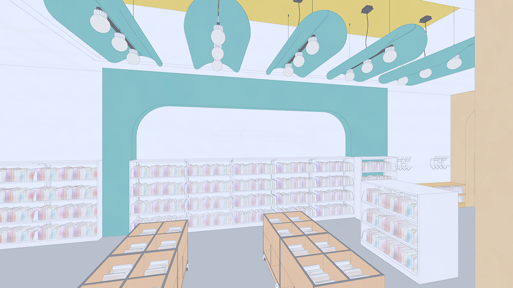 Rendering of the interior shelves at De Soto Library.