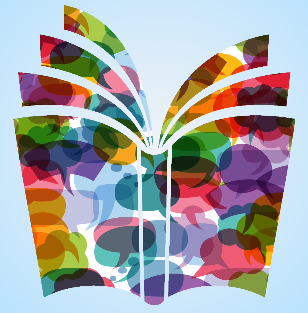 Book club logo This is a picture of a book with speech bubbles on the cover.