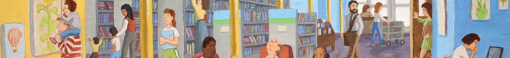 An illustration of a library filled with many different kinds of people
