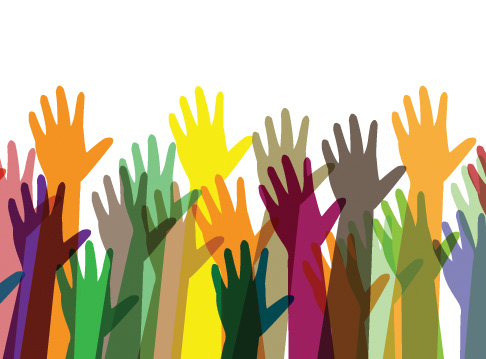 An illustration of many different hands raised in the air