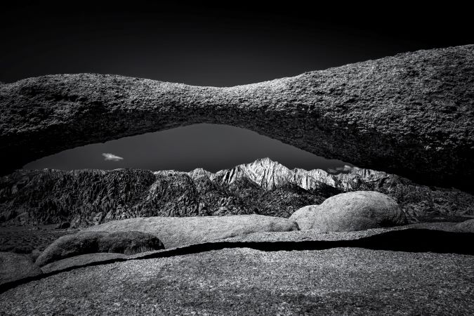 Black and white photograph of the Eastern Sierra Nevada mountians.