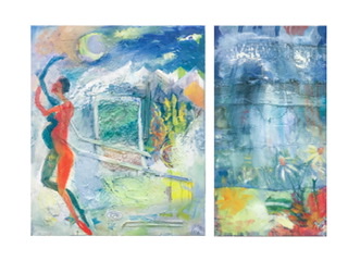 Two panel textured painting of abstract nightscape and dayscape.
