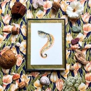 Framed watercolor painting of snake-like sea creature set on top of floral fabric and decorated with shells and rocks.
