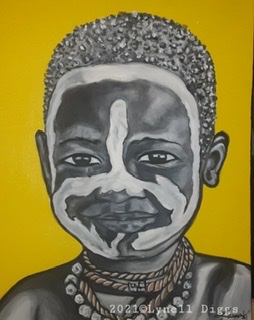 Painting of young boy in grayscale with yellow background.