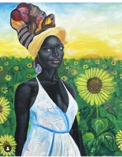 Portrait of a woman dressed in white standing in a sunflower field.