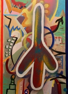 Painting of multicolor shape in foreground with abstract images in background.