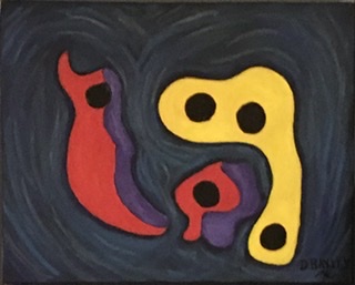 Painting with dark gray background and three abstract shapes in foreground.