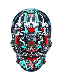 Skull painted in a graphic style using bold color and line.