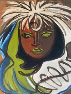 Abstract portrait of woman in tones of brown, white and green.