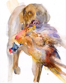 Watercolor of dog carrying a waterfowl in it’s mouth.