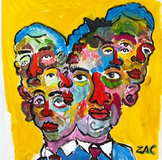 Abstract portrait of 2 bodies and multiple heads morphing together painted in bright blocks of color.