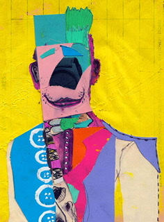 Mixed media collage of abstract person on yellow background.