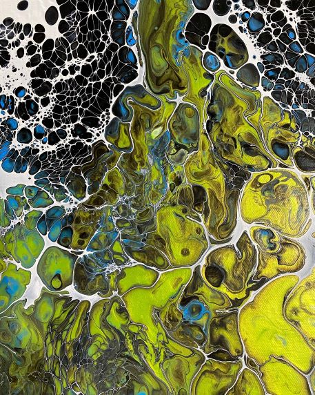 Abstract painting of swirling and flowing greens, blues, blacks and whites.