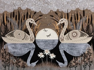Cut paper piece with swans and reflection on water with background of trees.