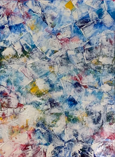 Abstract painting with thick layers of paint in blue, green, red, yellow and white.