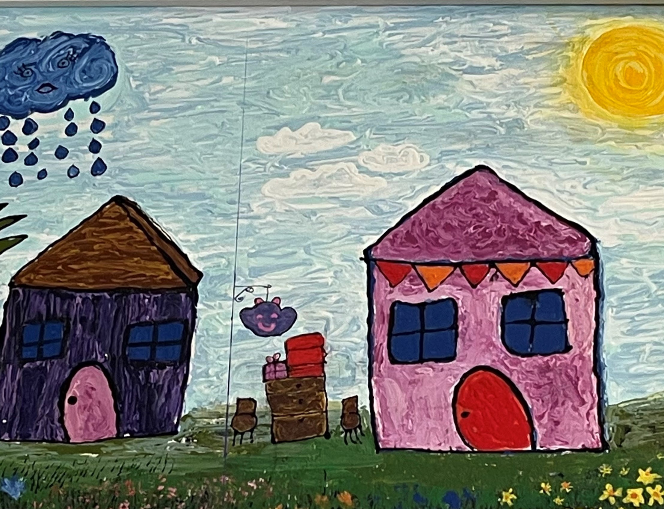 Painting of two houses, one with a rancloud over it and the other with sunshine over it.