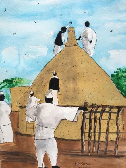 Painting of men in a Sudanese village building a hut.