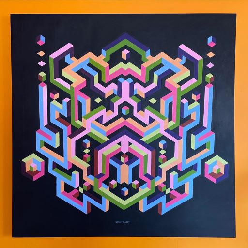 Abstract painting of a 3-dimensional, geometric maze, on a black background.