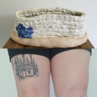ceramic bowl photo combined with photo of legs with a cabin tattoo