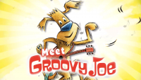 A cartoon dog dances and plays guitar