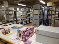 Shelves of items in boxes at JoCoMuseum's storage and collection room