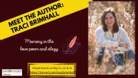 Author Traci Brimhall sits in a field of wheat on the right hand side of the image, and on the left hand side is text that reads Meet the Author: Traci Brimhall