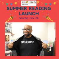 Author Kwame Alexander holds his jacket open so you can see his shirt says "Got Books?"