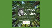 A headshot of National Geographic Photographer Frans Lanting surrounded by trees and a green background
