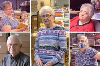 Five pictures of people volunteering for the Library