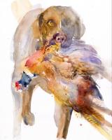 Watercolor of a dog carrying a waterfowl in its mouth.