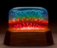 Clear Resin sculpture with blue, red and green organic forms.