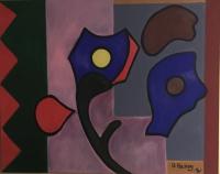 Painting of block shapes in black, violet and gray with additional abstract shapes in foreground.