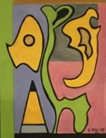 Painting of brightly colored abstract shapes.