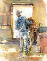 Watercolor of a man in denim and a cowboy hat carrying a saddle in a barn.