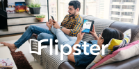 The Flipster logo superimposed over an image of two people reading on the couch on their tablets