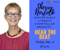 A headshot of storyteller Sherry Norfolk and the Hear the Beat event at Johnson County Library on Friday, December 3 at 10 a.m.