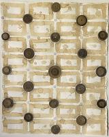Painting of brown circles on a beige grid.