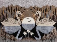 Paper cut piece with swans and reflection on water with background of trees.