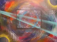 Abstract painting of multiple colors swirled around a center square.