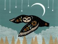 Paper cut piece with decorative owl in flight with sky, moon, stars and tree tops in background.