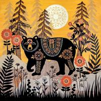Paper cut bear in forest with flowers and moon on a yellow background.