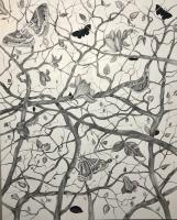 Drawing in grayscale of butterflies, branches and flowers.